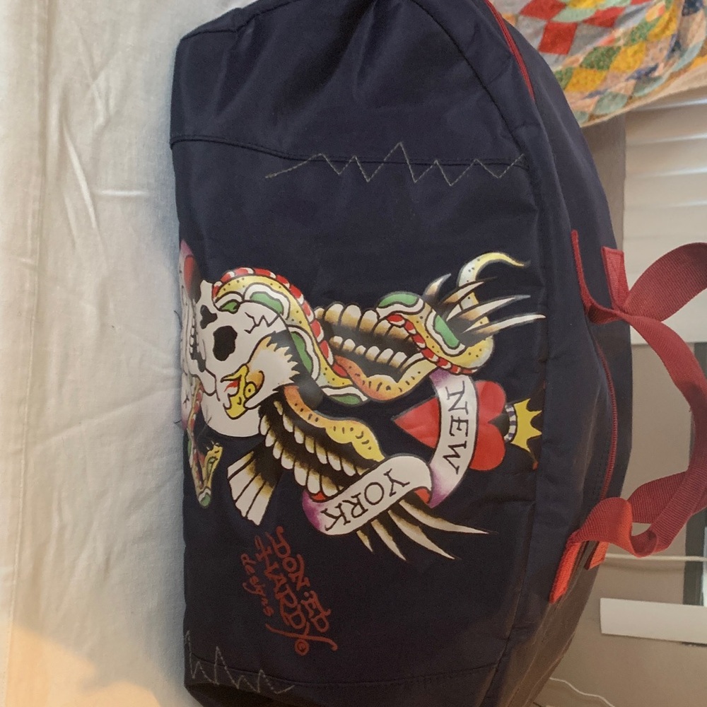 Ed Hardy Black Duffel Bag with Red Handles and crossbody strap - Picture 3 of 7